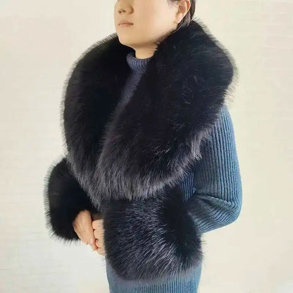 Large Winter Faux Fox Fur Scarf Women Jackets Warm Fluffy Shawl Fashion Artificial Fur Collar And Cuff Set Fluffy Scarves Female