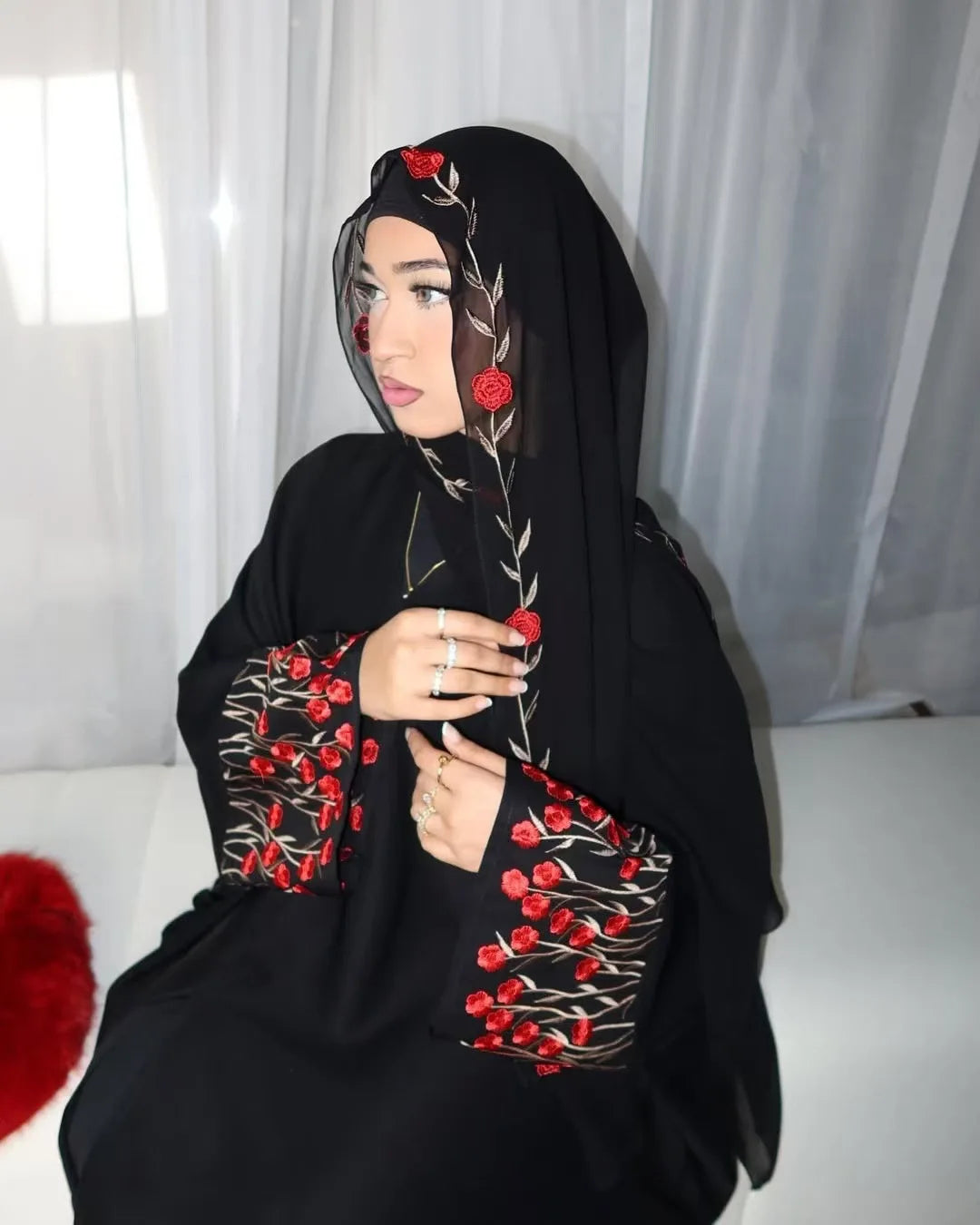 Luxury Embroidered Sleeve Cardigan for Muslim Women Ramadan Modest Abaya Dress with Hijab Elegant Islamic Party Turkish Outfit