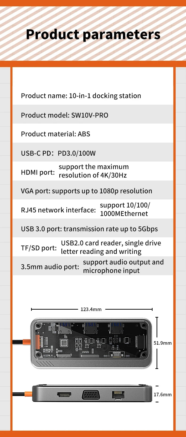 Basix 10 in 1 USB C HUB 4K30Hz Dock Station Type C to HDMI-Compatible RJ45 Ethernet PD100W for MacBook iPad Huawei Sumsang Phone