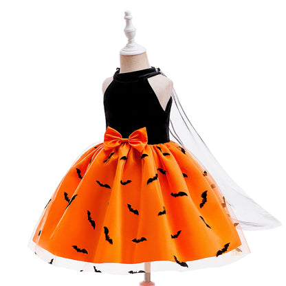 Girl Halloween costume 4-8 Yrs Halloween Theme Party Dresses Skeleton Bat Pumpkin Print Frocks Luxury Fluffy Kids Elegant Gown