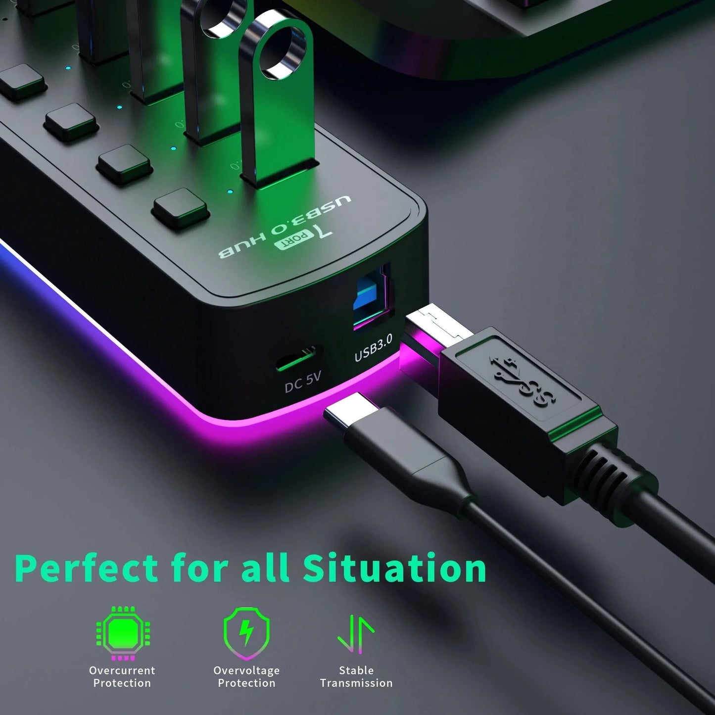 RGB USB 3.0 Hub 7 Ports Data Port Adapter 5Gbps Individual On/Off Switch Splitter Gaming USB Hub For Laptop PC Computer Accessor