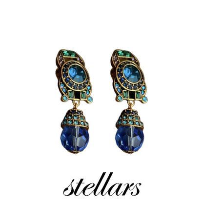 Vintage Non-Pierced Blue Crystal Teardrop Clip-On Earrings, French Luxe Palace Style, Elegant High-End Women's Earrings