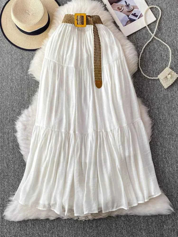 White High Waist A-Line Midi Skirt Women's Summer Casual Flared Cake Skirt Korean Sle Baking Poer Skirt for Young Women