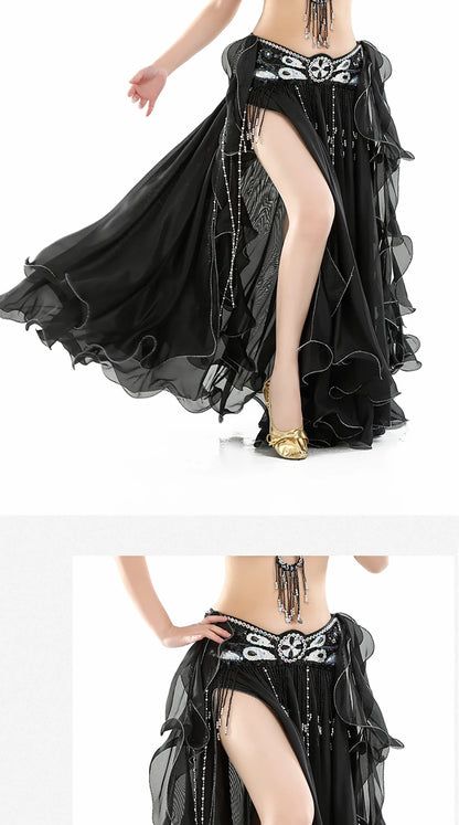 Belly Dance Skirt Chiffon Skirts Double Slit Ear Gauze Skirt High Slit Skirt For Adult Women Performance Practice Clothings