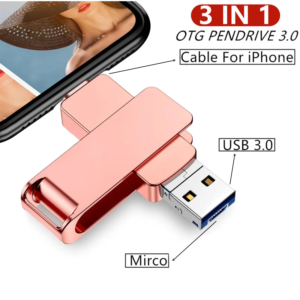 360° Rotate 2TB USB 3.0 Flash Drive 3 In 1 128GB 256GB 512G 1TB Memory Stick To For iPhone Photo Stick External Storage - AMULET RING STORE