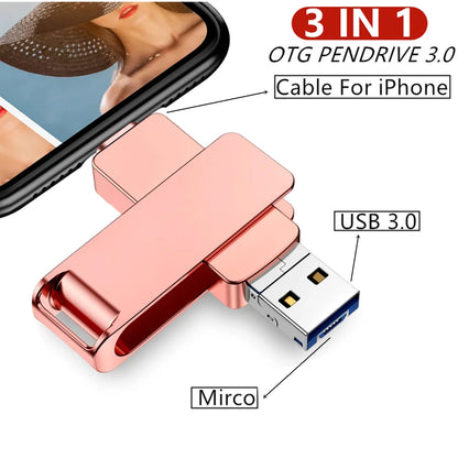 360° Rotate 2TB USB 3.0 Flash Drive 3 In 1 128GB 256GB 512G 1TB Memory Stick To For iPhone Photo Stick External Storage - AMULET RING STORE