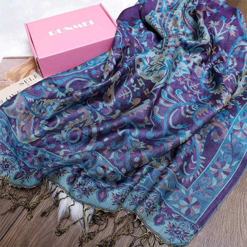 Luxury Pashimina Embroidery Muslim Hijab for Women Winter scarf Pareo Cape Warm Chunky Heaqdscarf Blue Lady Elegant Poncho - AMULET RING STORE