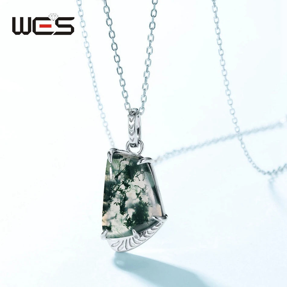 WES 100% 925 Silver Natural Unique Moss Agate Pendant Necklace for Woman Forest Jewelry Engagement Gift Boho Style Wholesale - AMULET RING STORE
