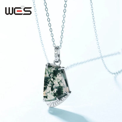 WES 100% 925 Silver Natural Unique Moss Agate Pendant Necklace for Woman Forest Jewelry Engagement Gift Boho Style Wholesale - AMULET RING STORE