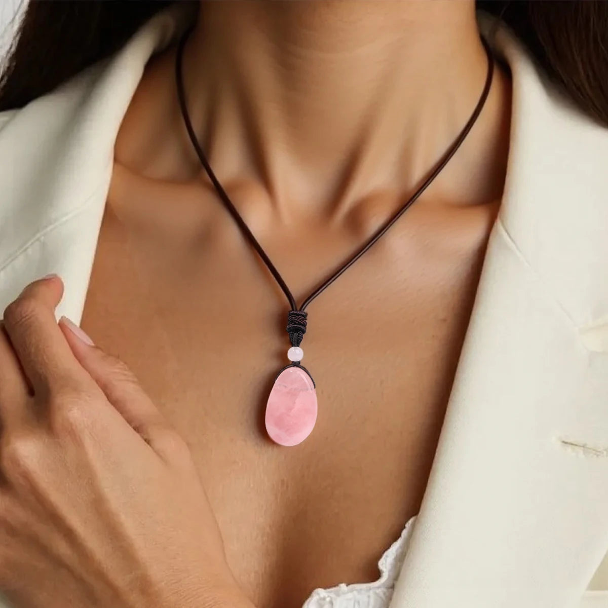 Casual Simple Natural Water Droplet Pendant Necklace Amethyst Opal Obsidian Red Agate Pendant Adjustable Cord Chain Necklace