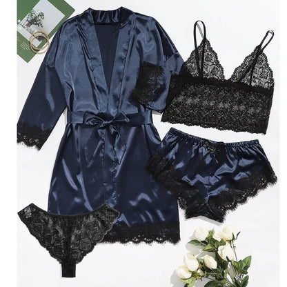 2025New Women's Pajama Fashion 4-piece Set Lace Satin Strap Sexy Pajama Set Dress Skin friendly Comfortable Casual Pajama Skirt - AMULET RING STORE
