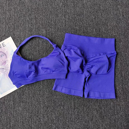 2 Pieces Yoga Suit for Women Seamless Fitness Gym Clothes Halter Sports Bra Matching Impact Shorts Workout Sets Gym Outfit
