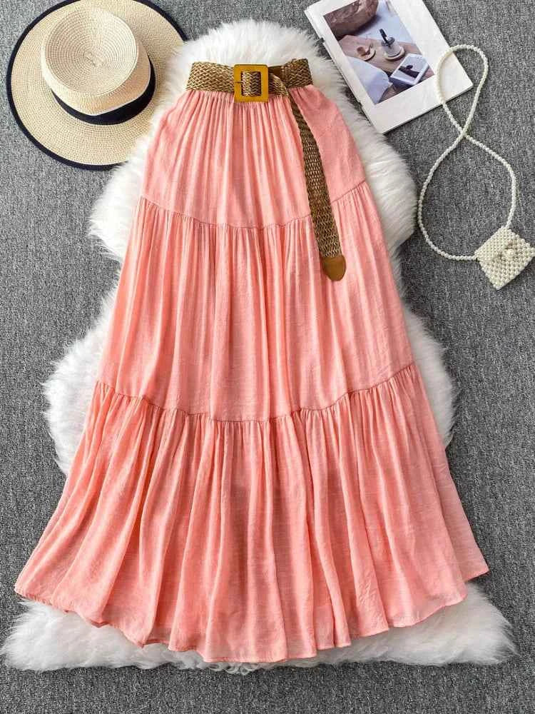 White High Waist A-Line Midi Skirt Women's Summer Casual Flared Cake Skirt Korean Sle Baking Poer Skirt for Young Women