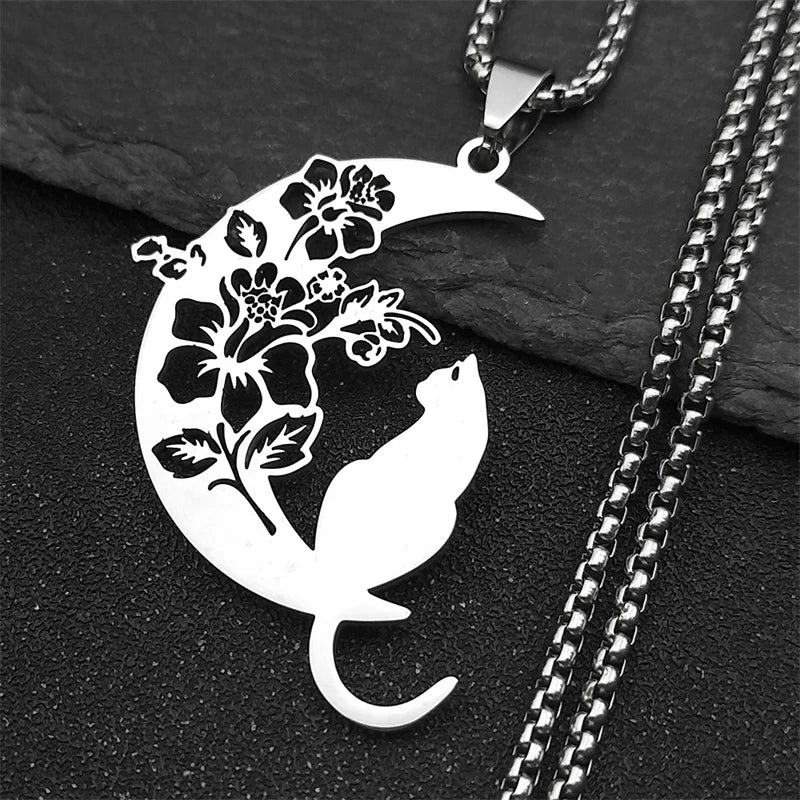 Aesthetic Cat Flower Moon Crescent Necklace for Women Men Stainless Steel Silver Color Bohemia Chain Gift Jewelry collar 3220