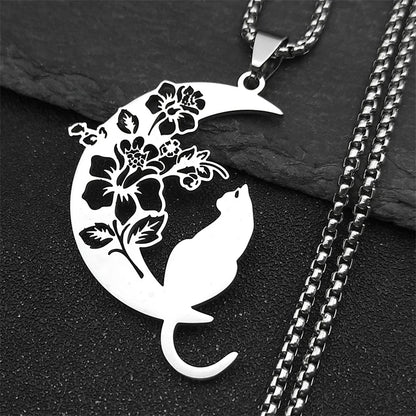 Aesthetic Cat Flower Moon Crescent Necklace for Women Men Stainless Steel Silver Color Bohemia Chain Gift Jewelry collar 3220