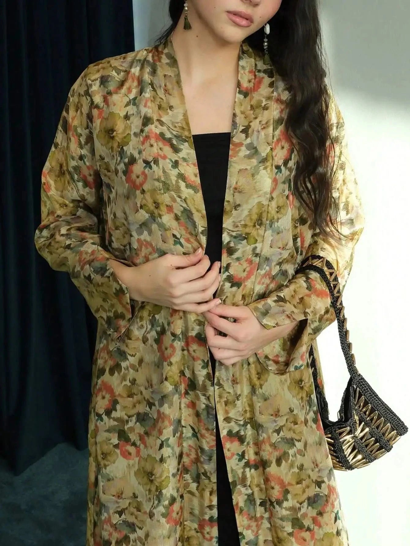 Middle Eastern Printed Floral Abaya Muslim Full Sleeve Loose Open Front Abayas Elegant Kaftan Women Jilbabs Arabian Maxi Dresses - AMULET RING STORE