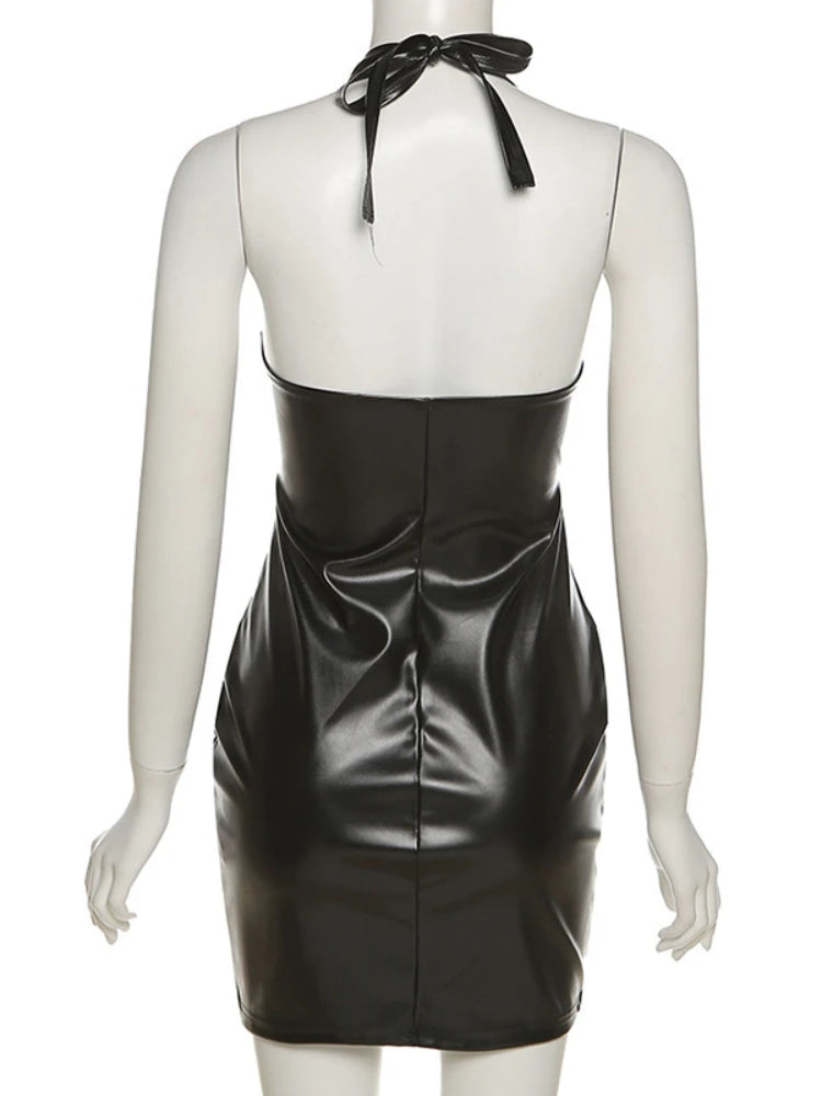 Sexy Deep V Neck Wrap Chest PU Leather Slim Bodycon Dress Women Backless Sleeveless Mini Dress Elegant Club Party Vestidos - AMULET RING STORE