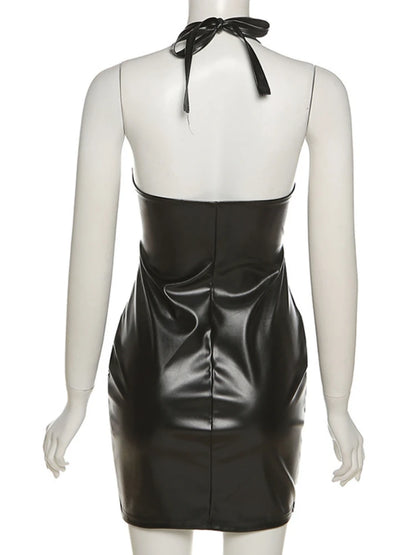 Sexy Deep V Neck Wrap Chest PU Leather Slim Bodycon Dress Women Backless Sleeveless Mini Dress Elegant Club Party Vestidos - AMULET RING STORE