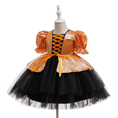 Girl Halloween costume 4-8 Yrs Halloween Theme Party Dresses Skeleton Bat Pumpkin Print Frocks Luxury Fluffy Kids Elegant Gown