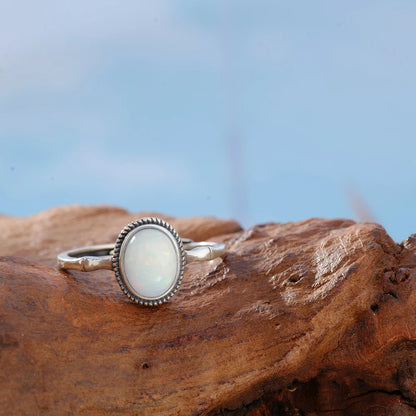 Vintage S925 Silver Ring Natural Opal Antiqued Bamboo Stackable Open Bands Adjustable Handmade Boho Jewelry Birthstone Gift - AMULET RING STORE