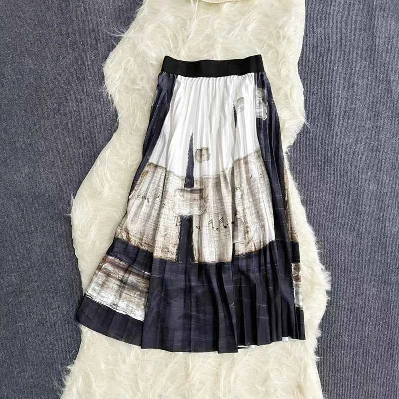 Autumn Skirts Womens New Vintage Floral Print Pleated Skirt Elastic High Waist Casual Midi Skirt Women Clothes Jupe