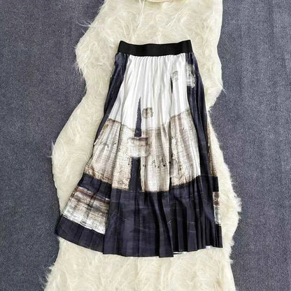 Autumn Skirts Womens New Vintage Floral Print Pleated Skirt Elastic High Waist Casual Midi Skirt Women Clothes Jupe