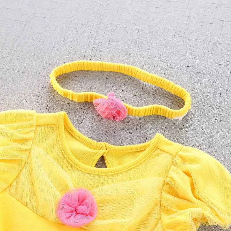 Baby Girl Birthday Outfit Set Short-sleeved Bodysuit Princess Romper Dress With Headband Yellow 3D Floral Girl Clothes 3-18M