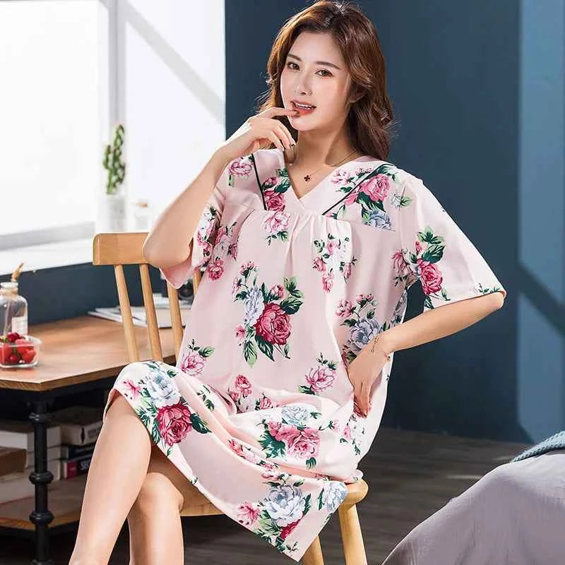 2025 Summer Small Floral Night Dress Women Nightgown Big Yards 3XL Sleepshirts Short-sleeves Nightie Nightdress Cotton Sleepwear