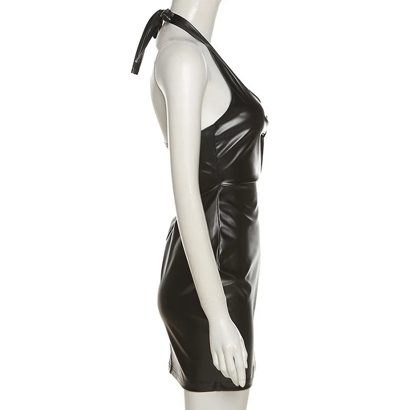Sexy Deep V Neck Wrap Chest PU Leather Slim Bodycon Dress Women Backless Sleeveless Mini Dress Elegant Club Party Vestidos - AMULET RING STORE