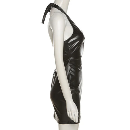 Sexy Deep V Neck Wrap Chest PU Leather Slim Bodycon Dress Women Backless Sleeveless Mini Dress Elegant Club Party Vestidos - AMULET RING STORE