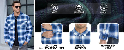 TACVASEN Winter Plaid Cotton Jackets Mens Long Sleeve Quilted Lined Flannel Shirt Jacket Multi-Pockets Outwear Hiking Coats Tops