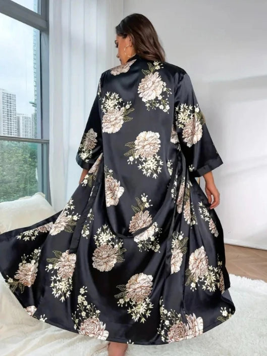 Large size sleepwear women's long imitation silk sexy nightgown set, fashionable and casual loose printed sleepwear 2-piece set - AMULET RING STORE