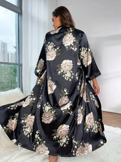 Large size sleepwear women's long imitation silk sexy nightgown set, fashionable and casual loose printed sleepwear 2-piece set - AMULET RING STORE