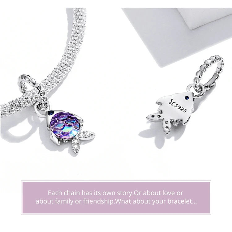 BISAER 925 Sterling Silver Charm Ocean Style Fish Dolphin Mermaid Shell Blue CZ Bead For Necklace&Bracelet DIY Fine Jewelry Gift - AMULET RING STORE