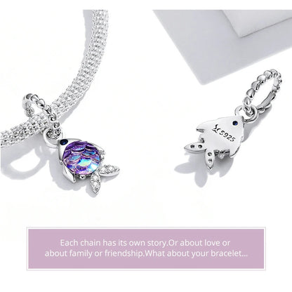 BISAER 925 Sterling Silver Charm Ocean Style Fish Dolphin Mermaid Shell Blue CZ Bead For Necklace&Bracelet DIY Fine Jewelry Gift - AMULET RING STORE