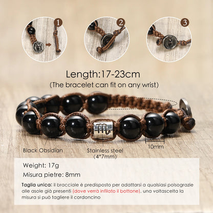 12 Zodiac Natural Stone Obsidian Hand-Woven Bracelets Cancer  Pisces Men's Bracelets Couples Friendship Jewelry pulseras hombre