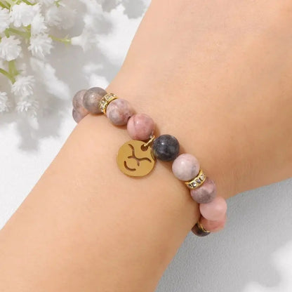 MHS.SUN 12 Star Zodiac Sign Pink Zebra Stone Beaded Bracelets Constellation Fashion Birthday Party Jewelry For Women Men
