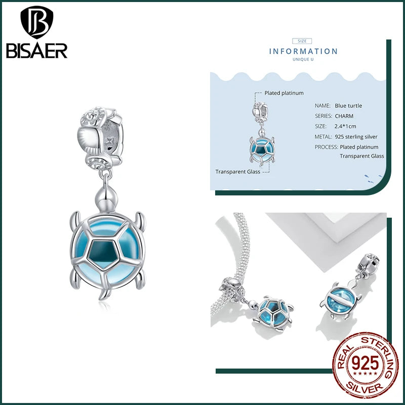 BISAER 925 Sterling Silver Charm Ocean Style Fish Dolphin Mermaid Shell Blue CZ Bead For Necklace&Bracelet DIY Fine Jewelry Gift - AMULET RING STORE