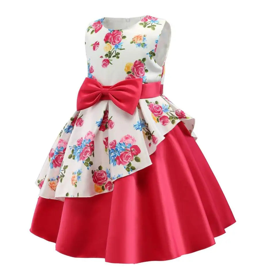 Summer Girls Rose Print Dress Princess Wedding Birthday Party Frocks Satin Children Vestidos Dresses For Girl Christmas Clothing