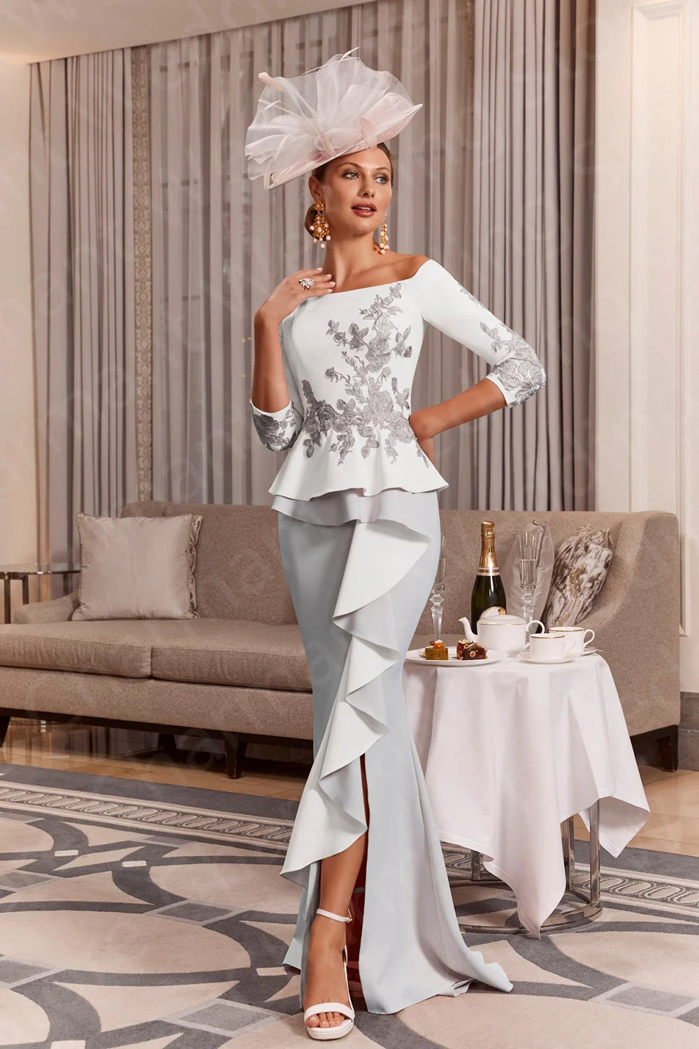 Customized Mermaid Mother of the Bride Dresses Pale Pink Mothers Dress Lace Off Shoulder Sleeves Wedding Guest Gowns Front Split - AMULET RING STORE