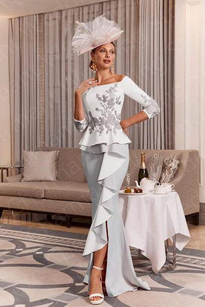 Customized Mermaid Mother of the Bride Dresses Pale Pink Mothers Dress Lace Off Shoulder Sleeves Wedding Guest Gowns Front Split - AMULET RING STORE