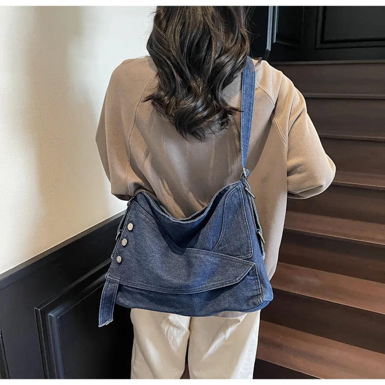 2025 New Women's Denim Tote Bag - Retro Crossbody Shoulder Bag with Large Capacity for Work & Commute, Fashionable Denim Handbag