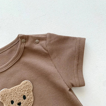 Cotton Romper Gift Hat with Ear New In Summer Kids Baby Girls Boys Short Sleeve Waffle Patch Bear Infant Newborn Jumpsuits - AMULET RING STORE