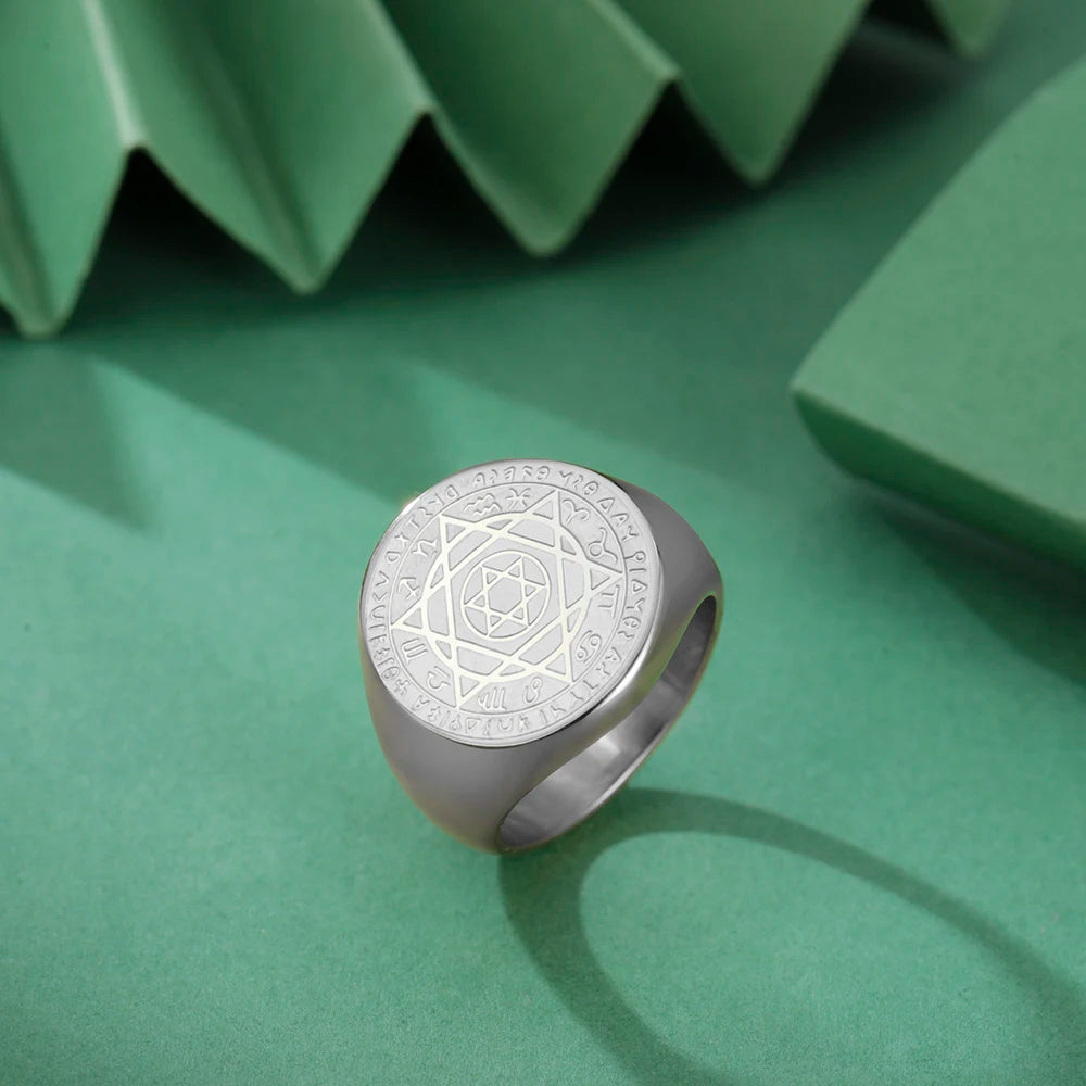 Dawapara Talisman Seal Solomon Ring Hexagram 12 Constellation Kabbalah Prosperity Good Health Amulet Stainless Steel Jewelry - AMULET RING STORE
