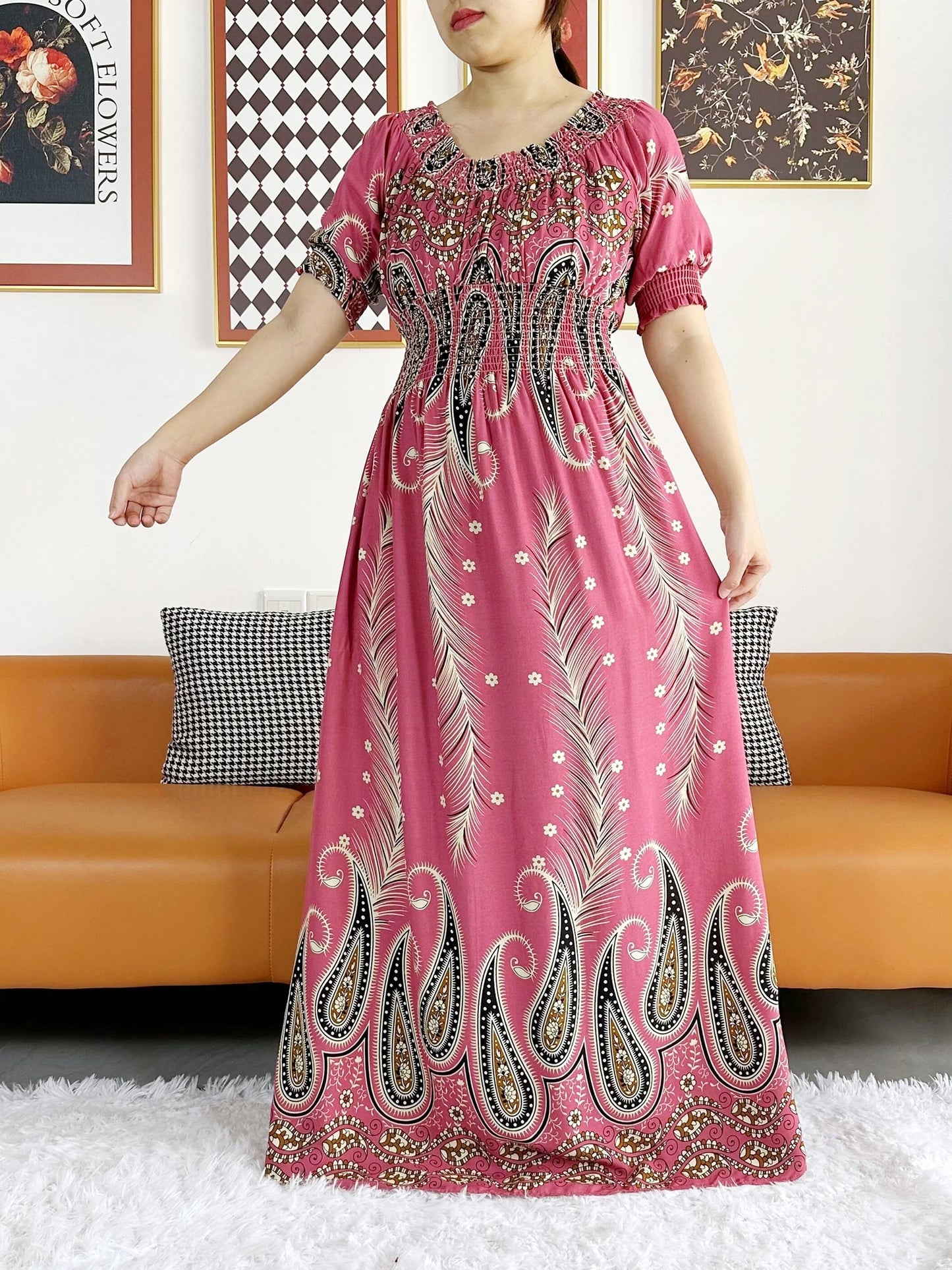 New Summer Women Abaya Short Sleeve Dashiki Floral Collect Waist Loose Maxi Robe Floral Femme Musulmane African Printing Abaya