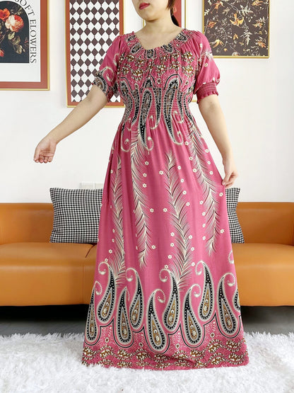 New Summer Women Abaya Short Sleeve Dashiki Floral Collect Waist Loose Maxi Robe Floral Femme Musulmane African Printing Abaya