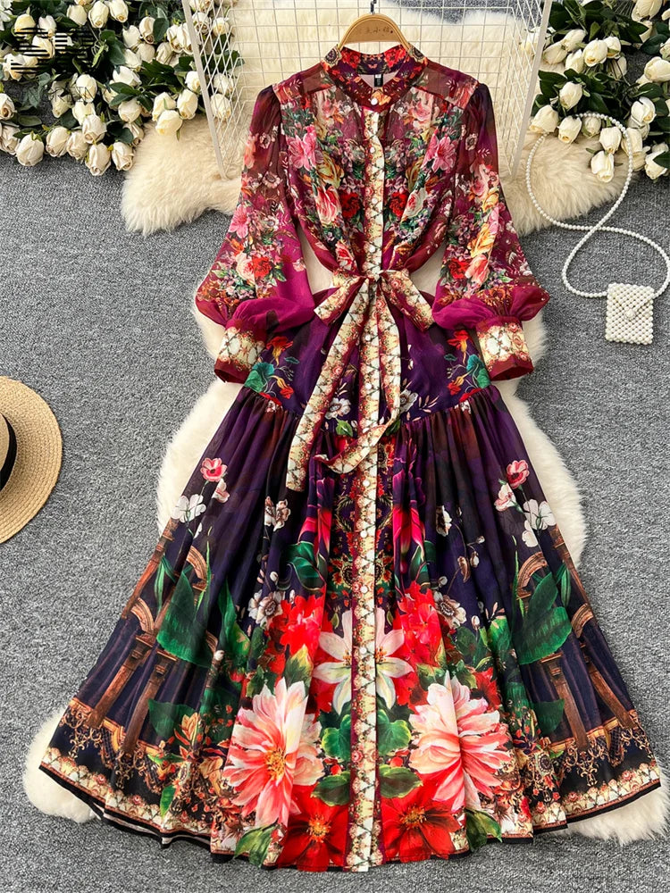 SINGREINY Vintage Print Chiffon Dresses Women Lantern Sleeve O Neck Design Fashion High Quality Court Floral Pleated Long Dress