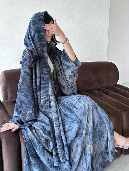 Women Tie Dye Loose Abaya Full Sleeve Open Front Abayas Turkey Kaftan Middle Eastern Arabian Maxi Dresses Jilbabs Without Hijab - AMULET RING STORE