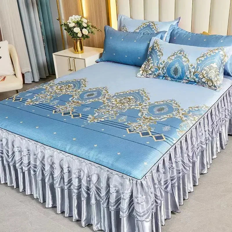 3Pcs/Lot Double Bed Sheet Set Classic Lace Royal Blue Bed Sheet Bed Skirt