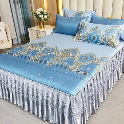 3Pcs/Lot Double Bed Sheet Set Classic Lace Royal Blue Bed Sheet Bed Skirt